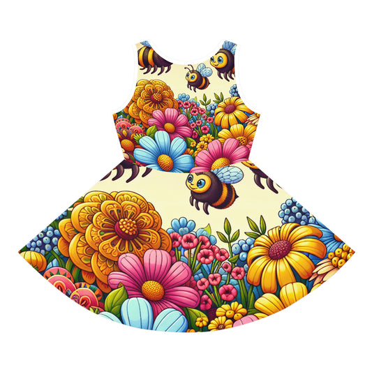Sienna Marigold Girls Summer Sundress featuring a vibrant floral print and whimsical bumblebee design, perfect for summer occasions.