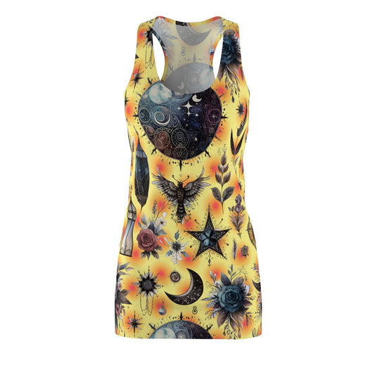 Front view of the Elegant Women's Designer Racerback Dress adorned with unique illustrations, perfect for a stylish summer look at parties and casual events.
