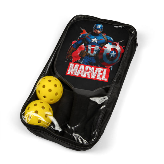 Luxury Wooden Pickleball Kit neatly packed with Captain America themed paddles and balls, showcasing exquisite design and portability.