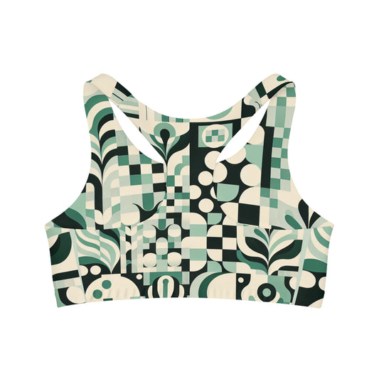 Daria Bellucci Pastel Green Checkerboard Sports Bra showcasing a modern back design, crafted from luxurious microfiber and spandex blend.
