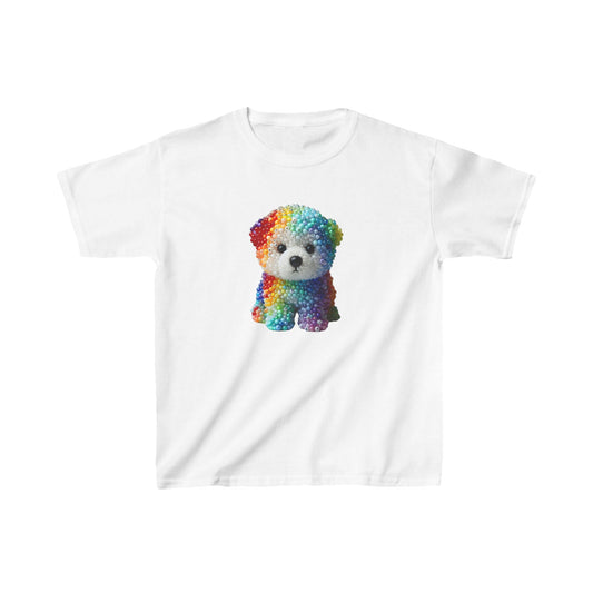 Luxurious unisex kids beaded dog cotton T-shirt tee in white, showcasing a whimsical rainbow beaded dog design.