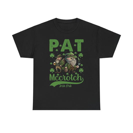 Stylish Funny St. Patrick’s Day T-Shirt showcasing 'PAT McCrotch Irish Pub' design, adorned with jovial leprechauns and festive shamrocks, ideal for St. Paddy’s Day celebrations.