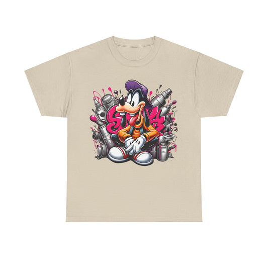 Goofy Graffiti Vibe Unisex Graphic Tee in beige showcasing striking graffiti-style artwork of Goofy in a playful pose, ideal for fashion-forward individuals.