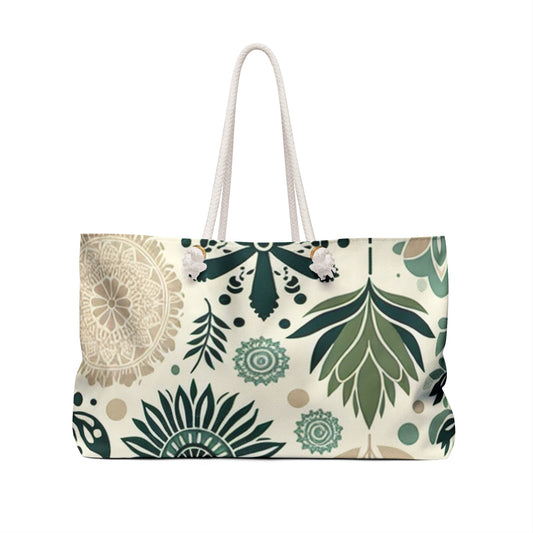 Stylish Leilani Beaumont Pastel Green Weekender Tote Bag showcasing elegant floral designs, blending modern aesthetics with traditional artistry.