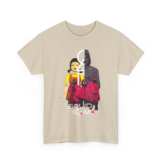 Luxurious beige graphic tee featuring iconic characters from Squid Game, designed for both men and women. Perfect for urban fashion enthusiasts who appreciate stylish and unique apparel.