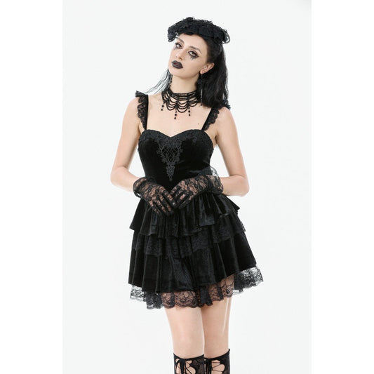 Elegant black velvet gothic dress with layered ruffles and lace detailing, perfect for vintage romantic occasions.