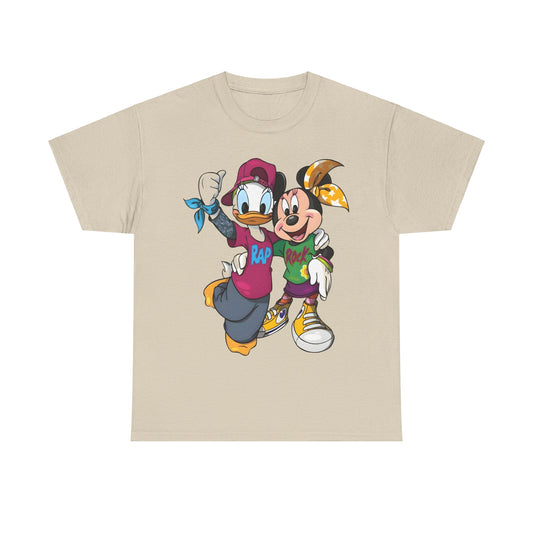 Daisy Duck & Minnie Mouse Unisex Graphic Tee Shirt featuring Daisy in a bold purple t-shirt with 'RAP' and Minnie in a vibrant green t-shirt with 'ROCK', both styled in hip-hop and rock-and-roll aesthetics.