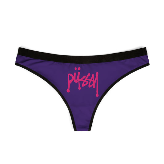 Elegant purple thong panties featuring bold 'PUSSY' graphic in striking pink, designed for luxurious comfort and modern femininity.