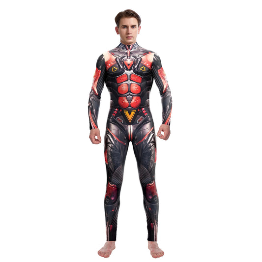 Elegant Halloween New Tights 3D Digital Printing Cosplay One-piece Play Costume displayed on a male model, showcasing meticulous details and dynamic patterns in striking red and black hues.