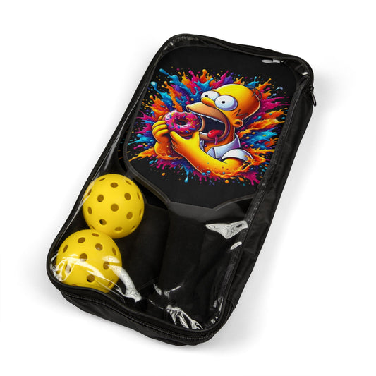Urban Homer’s Hungry Delight Pickleball Kit elegantly packaged, showcasing two wooden paddles with colourful designs and two yellow balls in a stylish black carrying case.