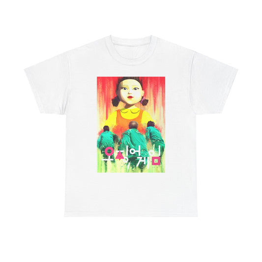 Stylish white unisex t-shirt showcasing a striking graphic design inspired by Squid Game, ideal for those who appreciate unique fashion statements.