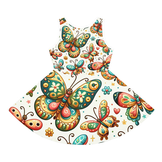 Liliana Sparkle Girls Sundress designed with a playful butterfly print, elegantly displayed for summer occasions, ideal for a fashionable young girl.