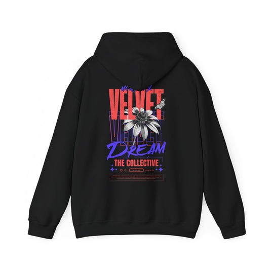 Elegant black hoodie adorned with a vibrant back print design that combines bold letters and floral motifs, highlighting the 'VELVET DREAM THE COLLECTIVE' artistry, ideal for fashion-forward individuals.