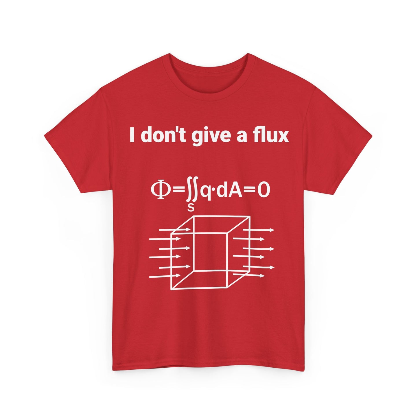 Brighten up your wardrobe with the I Don't Give a Flux Physicists Graphic T-Shirt in vibrant red, showcasing a playful yet sophisticated physics motif.