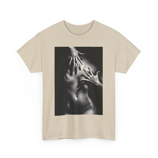 Elegantly styled graphic tee showcasing an alluring black and white print of hands on a concealed nude figure, perfect for making a bold fashion statement.
