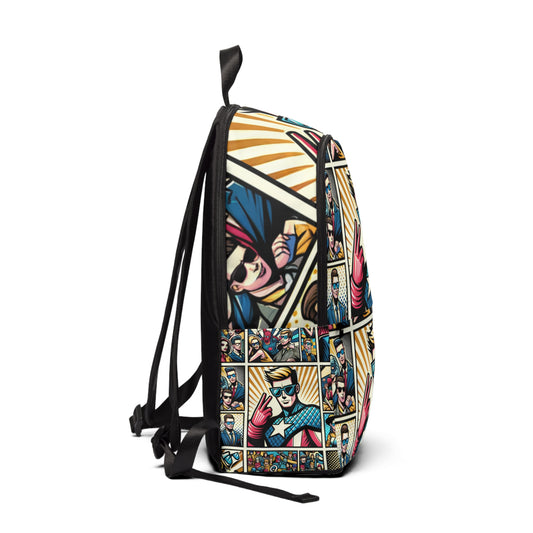 Close-up of the Ethereal Fusion Pop Art Backpack's striking design, with comic-style elements and vivid colour palettes, crafted by Dazzling Dreams Studio to elevate your personal style.