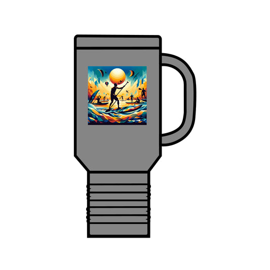 Luxury Fantasy Paddleboarding Insulated Travel Mug in grey, featuring a vibrant paddleboarding scene, perfect for adventurous beverages on-the-go.