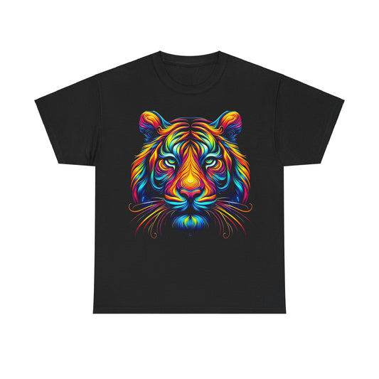 Tiger's Whimsy Graphic Tee - Unisex Artistic Shirt featuring a vibrant multicoloured stylised tiger head design on a black background.