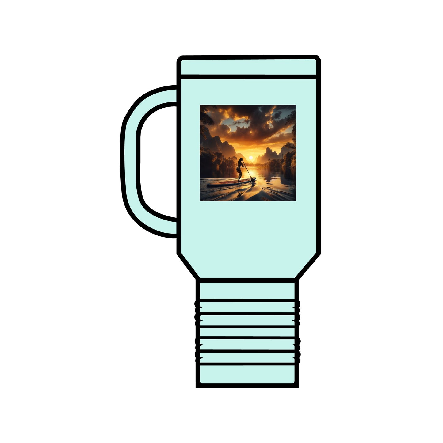 Fantasy Paddleboarding 40oz Stainless Steel Travel Mug in mint green, elegantly designed with a paddleboarder silhouetted by an enchanting sunset, crafted for luxury and practicality on your travel adventures.