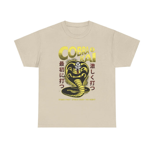 Elegant unisex Cobra Kai graphic T-shirt featuring a striking Cobra emblem, highlighting the phrase 'Strike First, Strike Hard, No Mercy' in a sophisticated design.