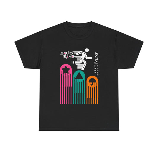 Premium black unisex t-shirt showcasing a striking Squid Game graphics, combining elegant simplicity with a bold statement perfect for urbanwear enthusiasts.