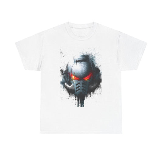 Stylish unisex t-shirt showcasing an intricate helmet graphic with vibrant red eyes, rendered in a captivating splatter art style for a unique urban fashion statement.