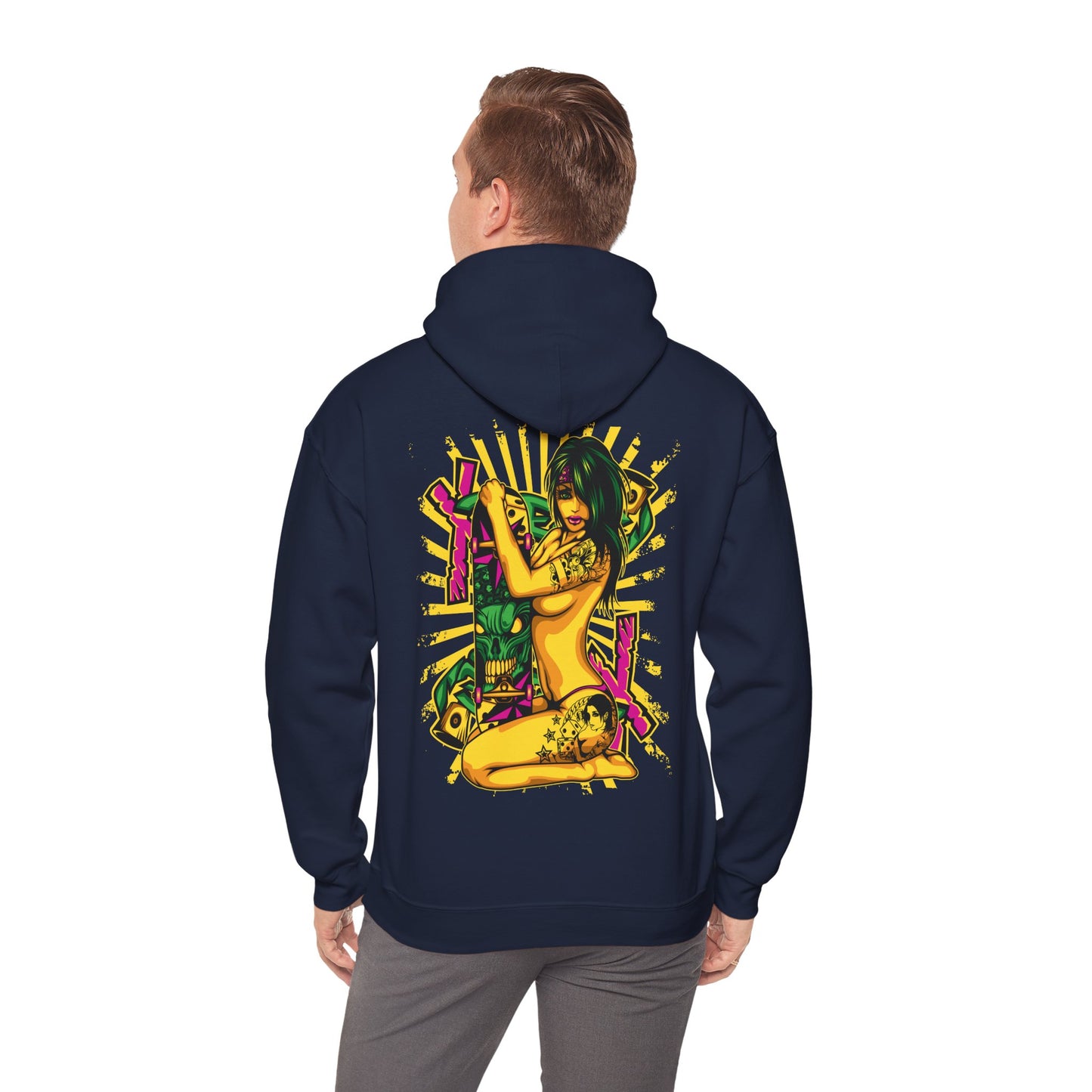 Stylish man wearing a navy hoodie with a captivating pop art illustration on the back, featuring a confident woman and dynamic graphics, ideal for making a statement in urban fashion.