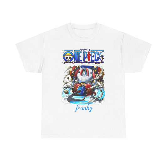 Elegant white One Piece Franky Men's T-Shirt showcasing a stunning illustration of Franky, blending style with anime culture, ideal for urban streetwear.