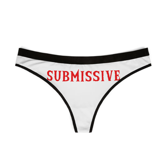 Elegant women's thong showcasing 'SUBMISSIVE' in striking red letters, perfect for playful intimacy and special gift-giving moments.