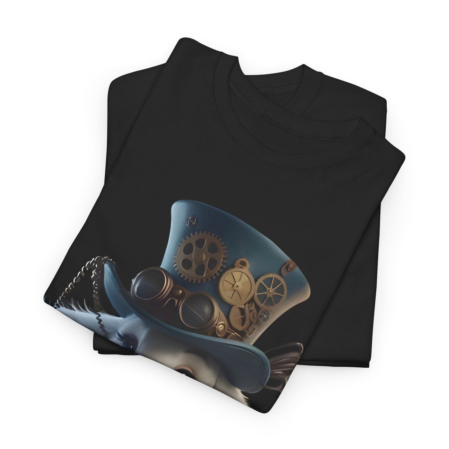 Steampunk Alice in Wonderland White Rabbit Graphic T-Shirt Urban Unisex Cotton T showcasing an elegant stacked view of the rabbit design, embodying a luxurious blend of fantasy and sophistication.