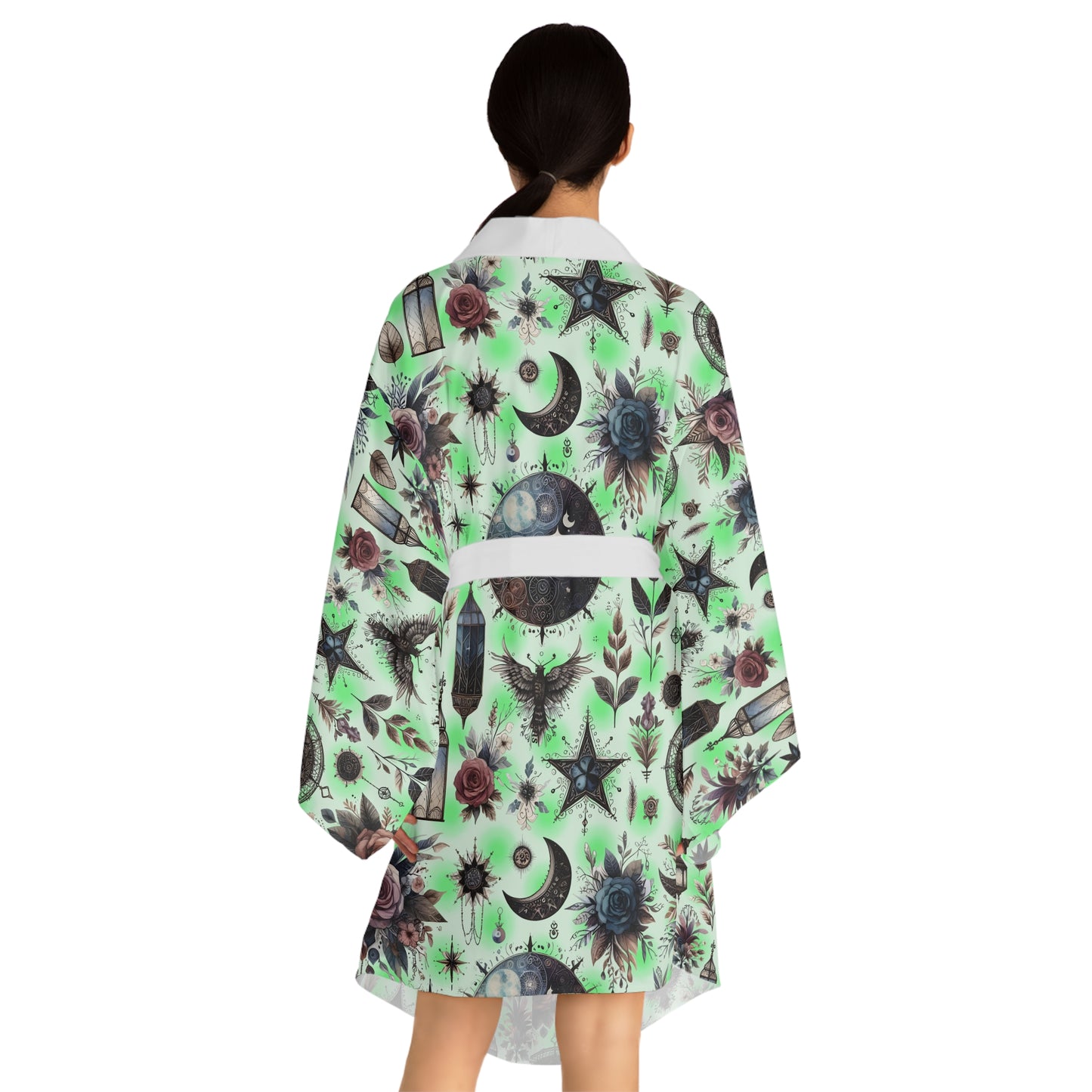 Back view of the Floral Kimono Robe on a model, highlighting the exquisite floral design and luxurious fabric, ideal for modern women seeking comfort and elegance.