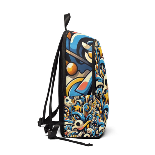 Close-up of the Neo Verve Fusion Cartoon Backpack by Dazzling Dreams Studio, highlighting its intricate cartoon art details and modern artistic expression.