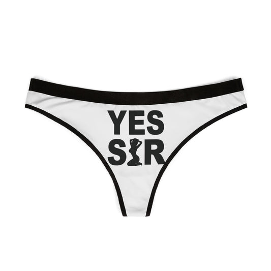 Stylish women's thong showcasing a striking 'YES SIR' graphic print with a silhouette accent, ideal for adding a cheeky touch to intimate apparel.
