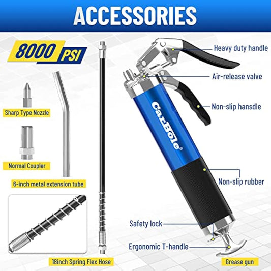 CarBole Heavy Duty Professional Grease Gun 8000 PSI High Pressure Pistol Grip Handle Fit 14oz Cartridge and Bulk With 18 inch Flex Hose