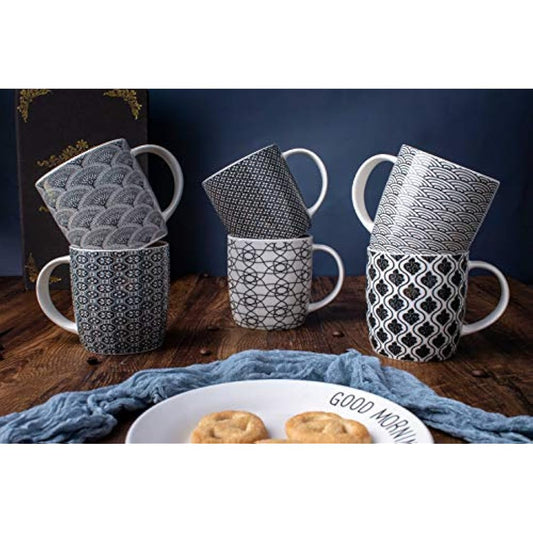 MACHUMA Set of 6 Coffee Mugs 340 ML/11.5 oz with Black and White Geometric Patterns, Ceramic Tea Cup Set 6 Pack