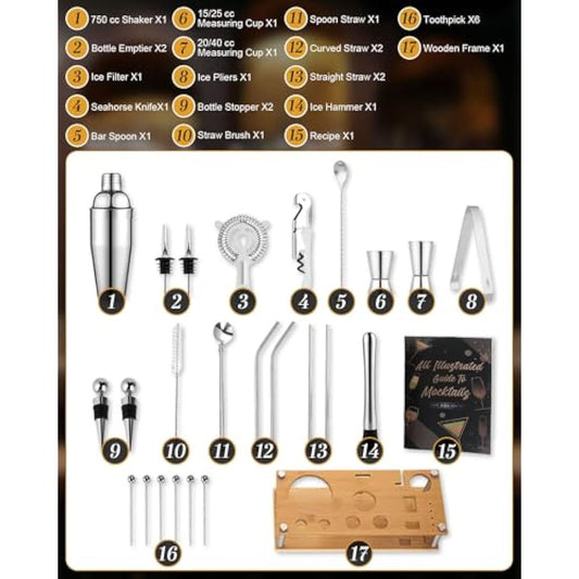 Trongle 26 Pieces Cocktail Shaker Set, 750ml Stainless Steel Cocktail Making Set, Wooden Display Stand, Cocktail Kit Accessories Great Cocktail Gift Sets for Home, Bar, Party, Christmas, Thanksgiving