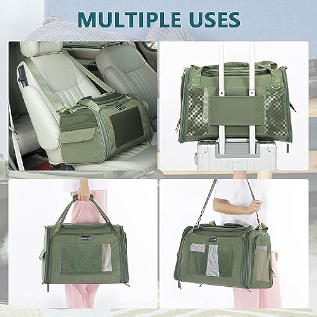 Petsfit Dog Carrier Soft Sided Travel Carrier, Large Pet Carriers with Quadrangle Oxford Fabric and Ventilation Mesh,Portable Dog Bag with Expandable mat and Upgraded Large Space, Olive Green