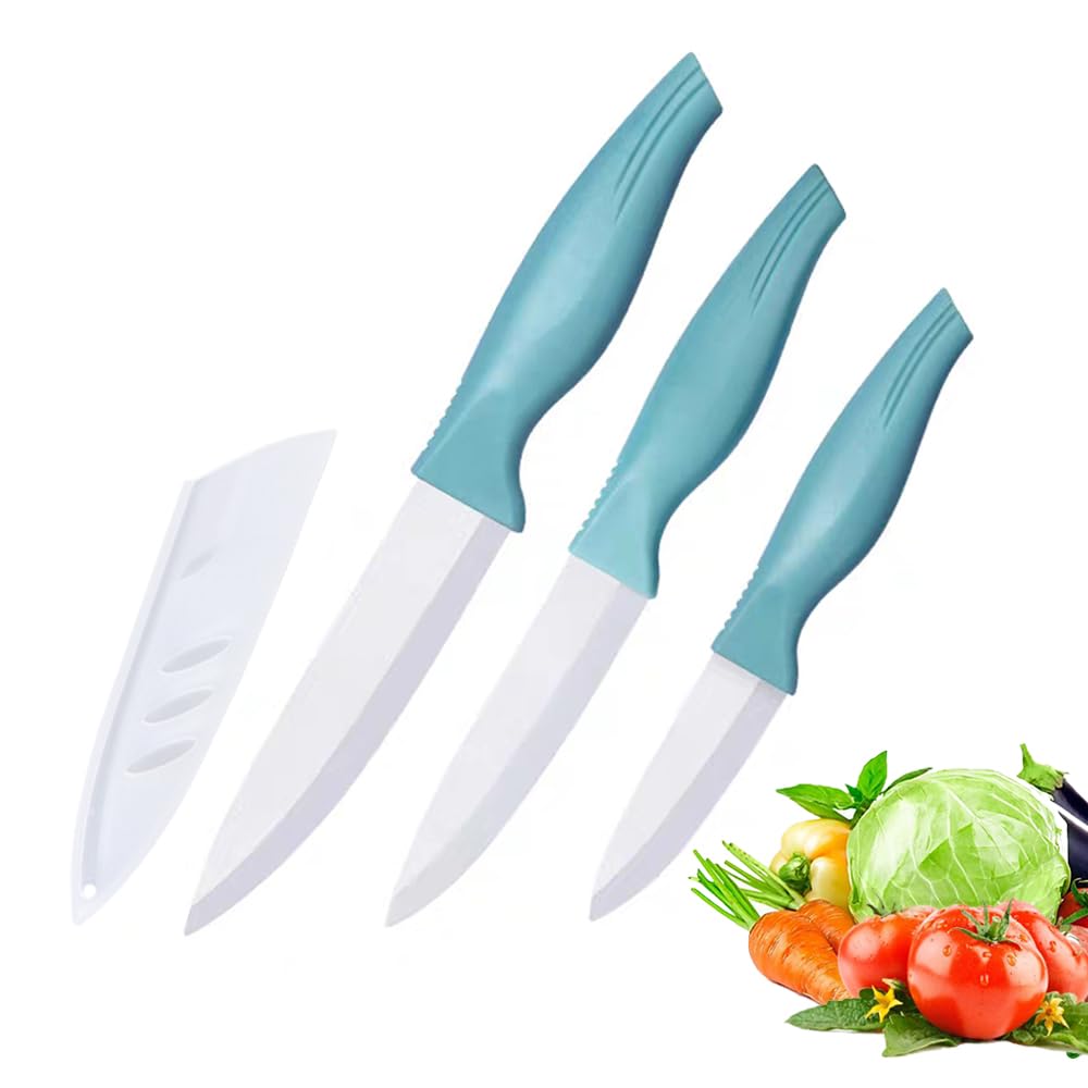 Zhiyun Blue Ceramic Knife Set 3-Pieces, 5-Inch, 4-Inch, 3-Inch Fruit Knife Set,Suitable for Beef Chicken Vegetable Fruit Butter and Bread (Blue)
