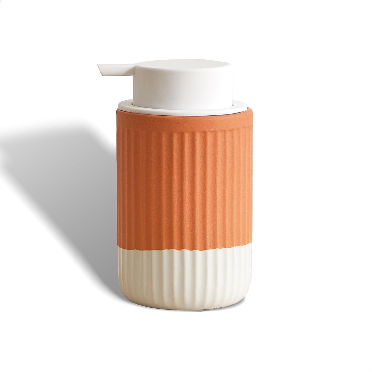 ABBI NIMO Hand Dipped Terracotta Ceramic Foam Soap Dispenser, 12 oz Rippled Bubble-Up Bottle with White Silicone Pump, Refillable Orange Hand Soap