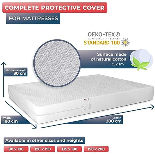 WRAPPYBAG Bed Bugs Mattress Protector - Mattress Cover - Zipped Mattress Protector - Waterproof - Cotton Surface - Super King Size
