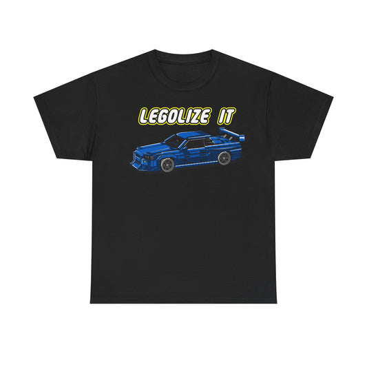 Stylish black men's t-shirt featuring a pixelated blue sports car design with the slogan 'LEGALIZE IT' printed in bright yellow. Perfect for those who appreciate retro aesthetics combined with modern fashion.