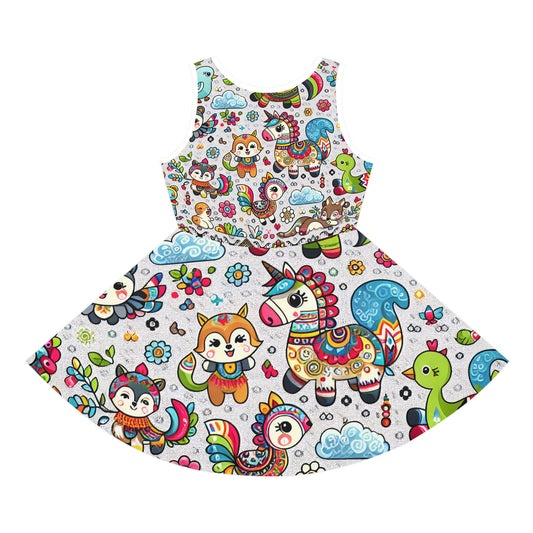 Sophie Glitterpatch Toddler Sundress showcasing a delightful array of colourful cartoon animals, ideal for expressing your child's unique style and creativity.