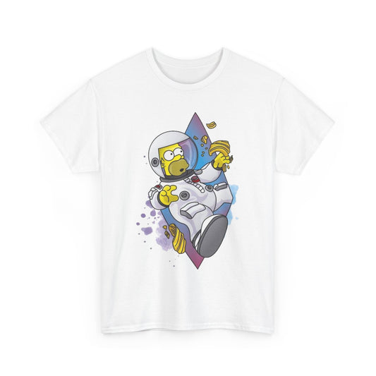 Stylish Spaceman Homer fine graphic t-shirt featuring Homer Simpson in a chic white astronaut suit, set against a dreamy cosmic canvas. Perfect for adding a touch of humour to upscale casual wear.