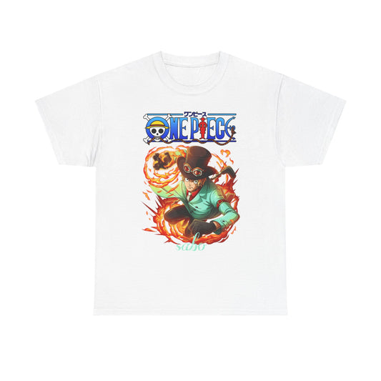 Elegant white Sabo from One Piece T-shirt showcasing a striking action-packed design in vivid colours, ideal for showcasing your anime passion.