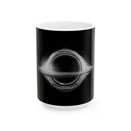 Interstellar Black Hole Image Ceramic Mug, featuring a cosmic black hole design perfect for office laughs and deep coffee thoughts.
