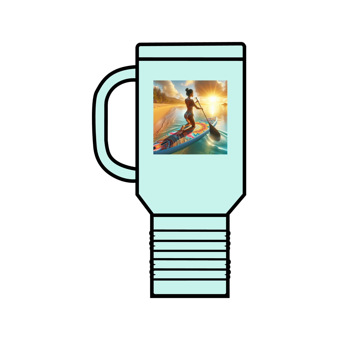 Fantasy Paddleboarding 40oz Insulated Travel Mug in teal, adorned with an enchanting paddleboarding image. The insulated stainless steel design blends functionality and elegance, perfect for those who appreciate luxury during their travels.