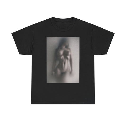 Stylish black t-shirt adorned with an artistic blurred image of a female silhouette, a sophisticated choice for unique self-expression.