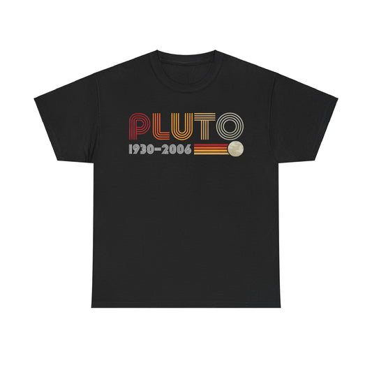 PLUTO Retro Graphic Unisex T-Shirt in Soft Cotton - Celestial Tribute Tee featuring a striking design with 'PLUTO' and '1930-2006' in vivid retro colours against a black backdrop.