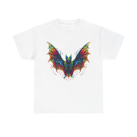 Radiant Evolution Bat Tee - Unisex Cotton Tee displaying a stunning colourful bat graphic in bright rainbow shades set against a white background, ideal for those who cherish artful fashion.