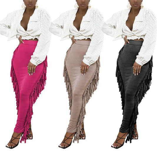 Elegant Women's Tassel Maxi Skirt showcased in an array of three elegant hues - ideal for versatile bohemian styling from day to evening.